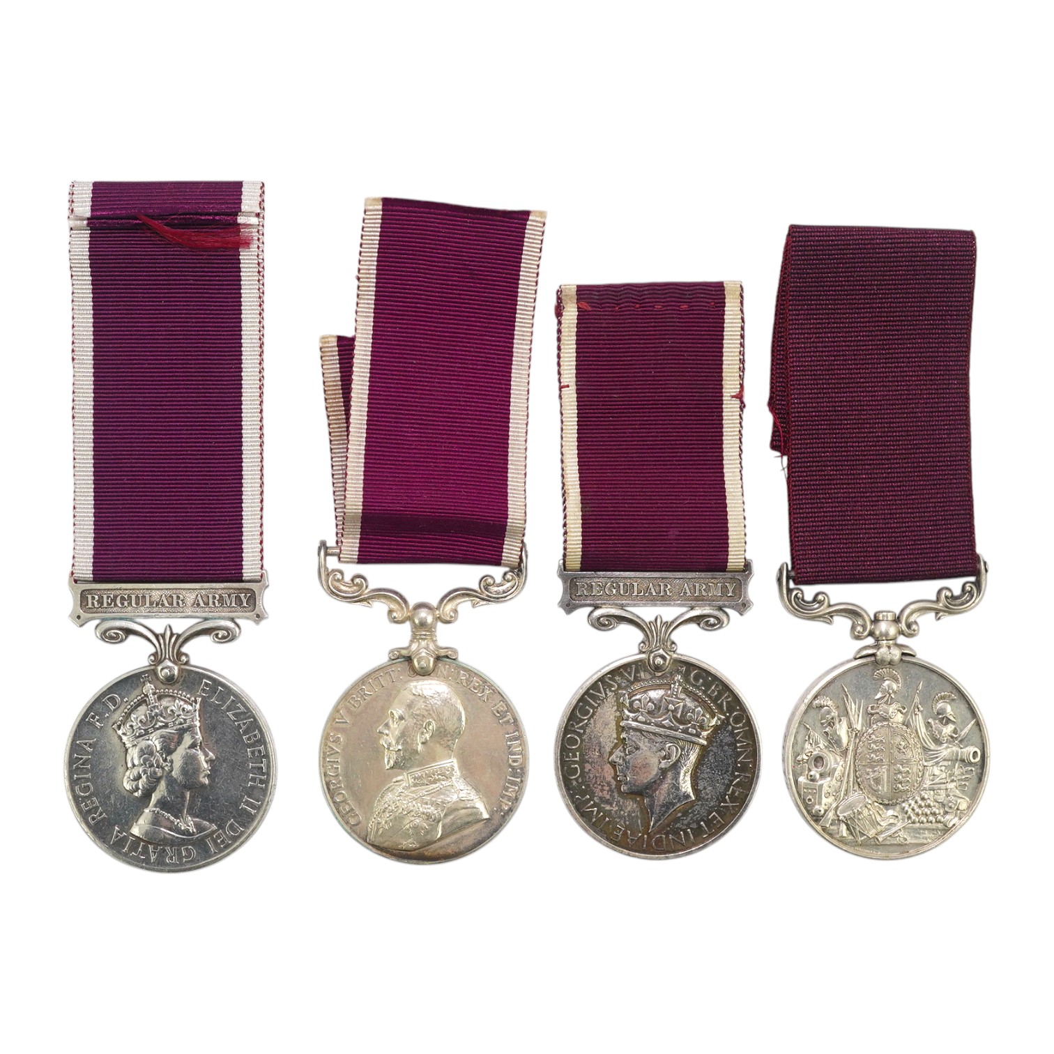 Four Army Long Service and Good Conduct medals; Vict to 21579 Gunr A.Milln. R.A.; GV to 1404425 B.Q.M.Sjt. W.A.Price R.A.; GVI Regular Army to 1057526 Sjt.T.Jones. R.A.; ERII Regular Army to 21133135 Sgt.Khagesor Thapa 2